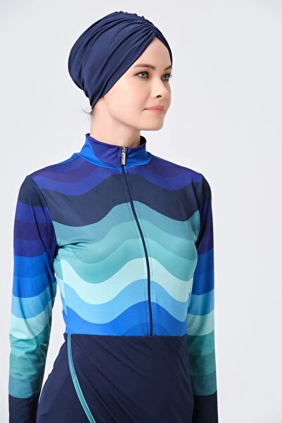 Bordomix 23690 Women's Navy Blue Wave Patterned Hijab Swimsuit with Skirt