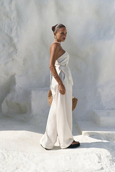 BOHEMAİ Set pantaloni crop bej cu dungi Behin