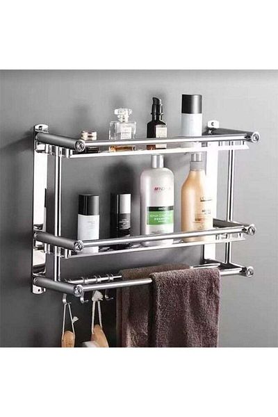 Taimi Bathroom Double Stainless Steel Shelf with Towel Bar Wall Mounted Rack 40CM