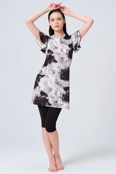 Bordomix 23731 Women's Black Patterned Sleeve Ruffle Detailed Short Sleeve Semi Covered Swimsuit