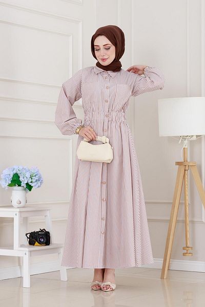 Sevitli Buttoned Striped Dress-Mink