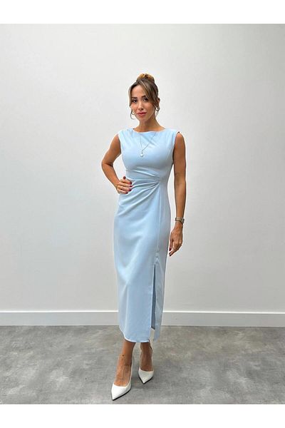Maldia Shop Γυναικείο φόρεμα με μπλε φόρεμα με λεπτομέρεια με σχισμή μέση