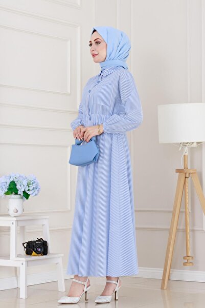 Sevitli Φόρεμα με ρίγες με κουμπιά-μπλε μωρό