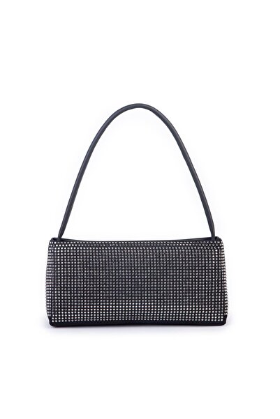 Nas Bag Kadın Basic Baget Omuz ve Çapraz Çanta Siyah Gümüş Taşlı (27x12 cm )