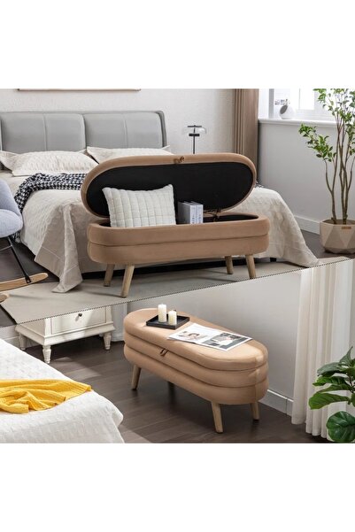 arge demo Ramsey Gürgen Ahşap Ayaklı Dekoratif Sandıklı Puf Benç Kahverengi Kadife