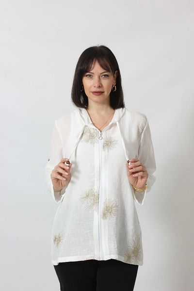 Moda Berray B-058 Gold Lurex Embroidered Patterned Linen Women's Large Size White Shirt with Epaulets on the Sleeve