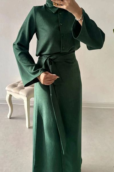 Tesettür Diyarı Women's Hijab Clothing Side Tie Detailed Skirt Shirt Suit Melaj Fabric-Emerald