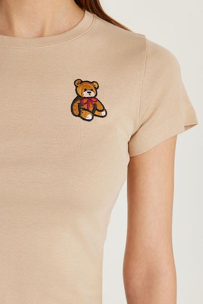 Tudors Women's Slim Fit Slim Fit Short Sleeve Crew Neck Embroidered Beige T-Shirt