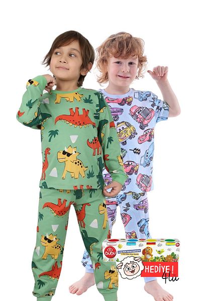 ZUZUNGA 2-Piece Blue Dinos and Color Blocks Patterned Boy's Pajama Set