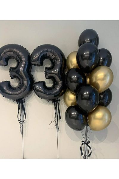 MERİ PARTİ 33 Years Old Black Number Foil Balloon Adult Birthday Party Balloon Black Gold Latex Balloon