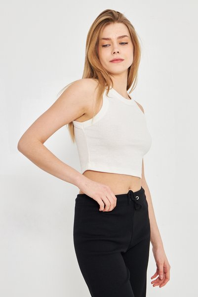 Evelora Off-White Halter Neck Camisole Crop Tank Top