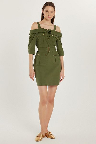 Tudors Women's Slim Fit 100% Cotton Long Sleeve Linen Look Four Pocket Hanging Neck Khaki Dress