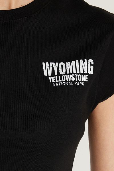 Tudors Women's Slim Fit Ribbed Printed 100% Cotton Crew Neck Black T-Shirt