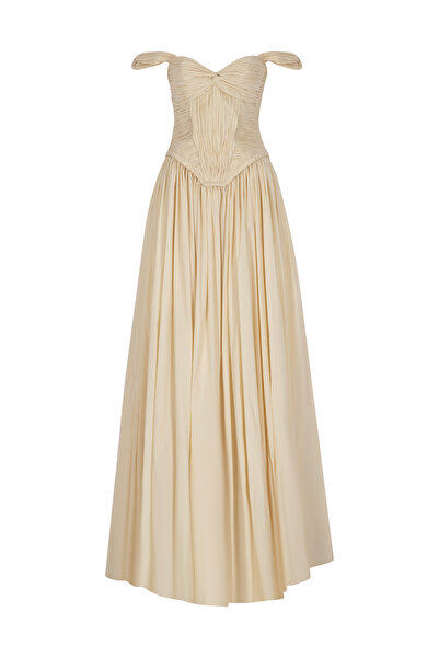 cercis Omuzları Açık Drapeli Kabarık Uzun Abiye Elbise