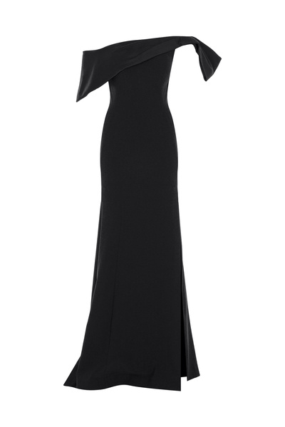 cercis Fiyonk Detaylı Omzu Açık Yırtmaçlı Uzun Elbise