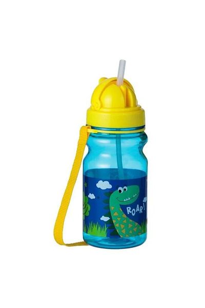 bebelyno Water Bottle with Straw, BPA-free Plastic, Blue with Dinosaur Design, 350 ml