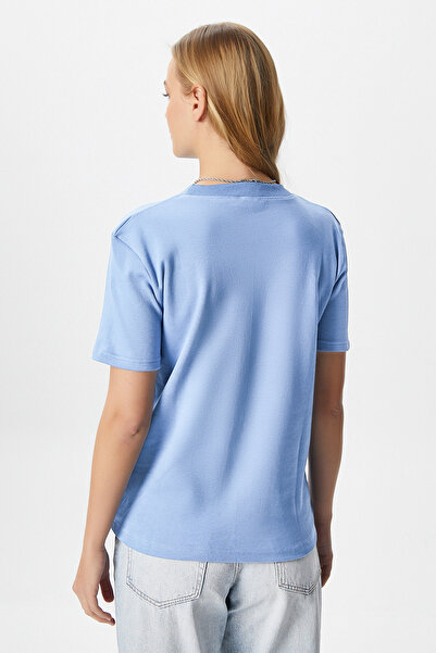 Ritnice Women's Rise Decorative Collar Tok Texture 100% Cotton Light Blue T-Shirt