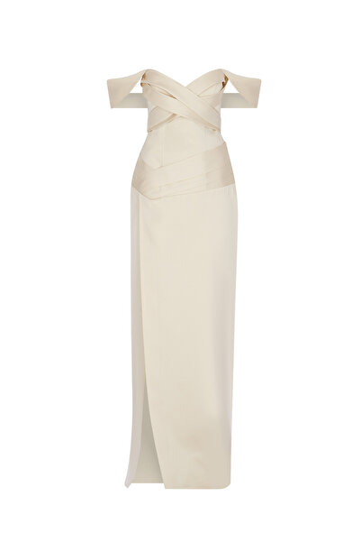 cercis Omuz Açık Çapraz Drapeli Yırtmaç Detaylı Uzun Abiye Elbise