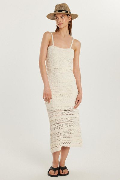 Tudors Women's Standard Fit Ruffle Knitted Patterned Hanging Neck Beige Dress