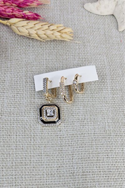 Petalia Siyah Mineli Kare Üçlü Küpe Seti