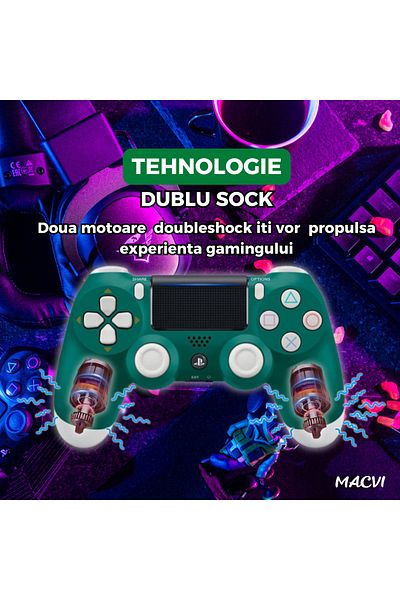 MACVI Controller Wireless Macvi® Doubleshock 4 pentru PS4, PS TV, PS Now, Verde cu Vibratii