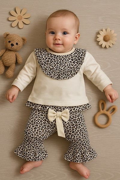 Babydonat طقم بناتي مكون من قطعتين بتفاصيل جلد الفهد، 100% قطن