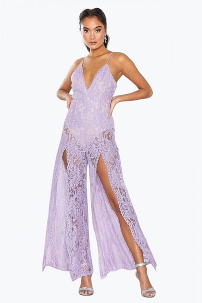Love Triangle Women's Sleeveless Purple Lace Jumpsuit