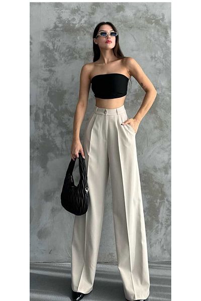 Fua Shop Γυναικείο Palazzo πλισέ φαρδύ λευκό πανταλόν