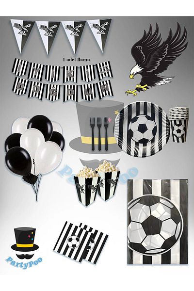 PartyPoo 8 Person Black and White Football Fan Birthday Set – Black and White Party Supplies Full Package