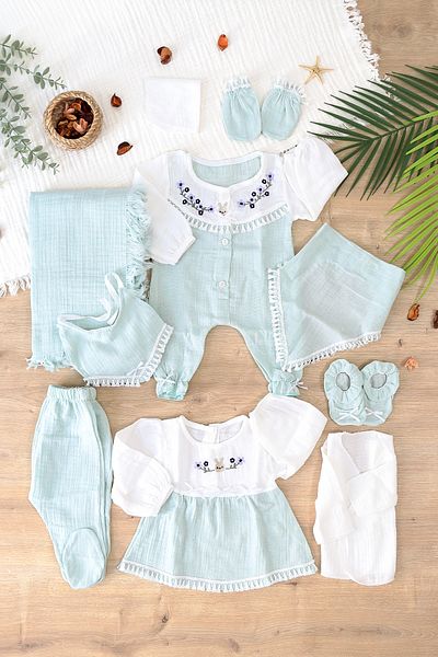 Sitilin Baby Girl Newborn Muslin Green 10-Piece Luxury Hospital Release Bodysuit Set Stl6990