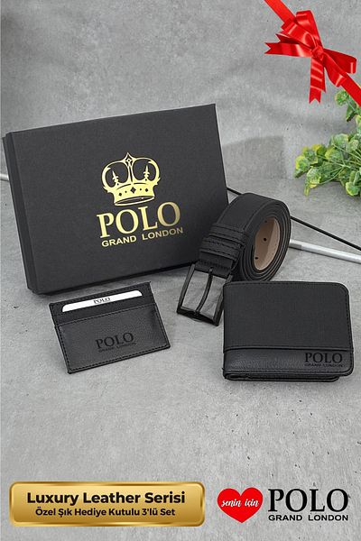 POLOGRAND London Original Men's 3-Piece Special Gift Boxed Luxury Groom Gift Stylish Leather Belt Wallet and Card Holder Set