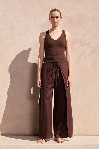 Oysho 100% Linen Layered Straight-leg Trousers