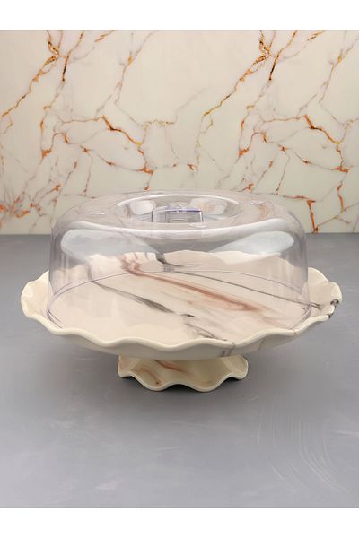 Sezka Life Ceramic Pedestal Cake Dish Marble Patterned Pastry Cake Dish Presentation Plate with Lid