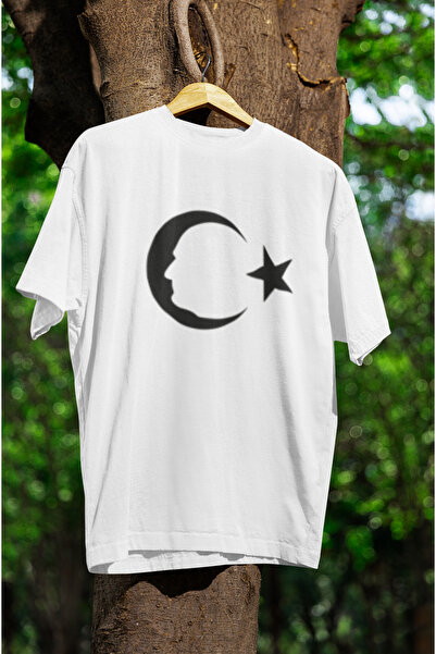 MG تي شيرت أتاتورك مطبوع للجنسين برقبة دائرية من القطن مقاس كبير وأكمام قصيرة