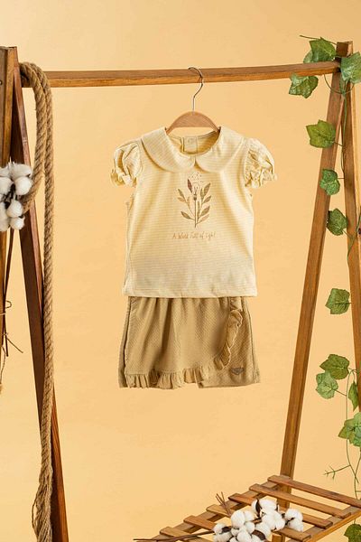 bombe Baby Kids Girl Beige Bebe Collar Cotton Shorts Set 2 Pieces Trend Fashion Bottom Top Set