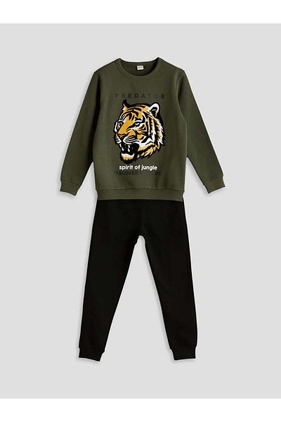LC Waikiki Lcw Kids Green Crew Neck Tiger Printed Boys Tracksuit Set