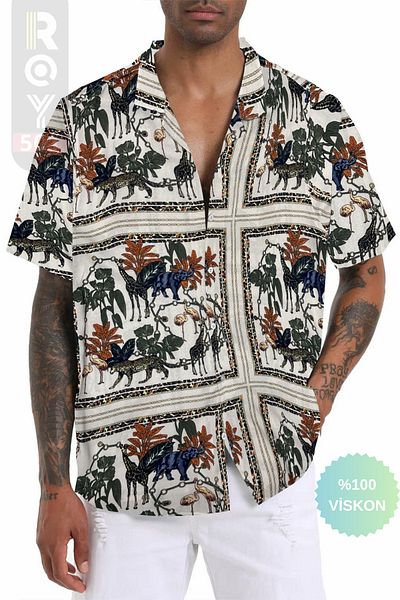 ROY501 Men's Short Sleeve Shirt Elephant Leopard Print Short Sleeve Shirt Summer Shirt Men's Oversize Shirt