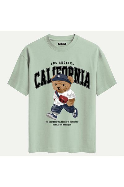 SOFTWAY Unisex Crew Neck 100% Organic Cotton Thick Textured California Printed Oversize T-Shirt - Beige