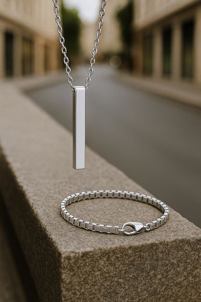 The Collection Murat Boz Kolyesi Men's Rectangular Silver Necklace and Cube Bracelet Set