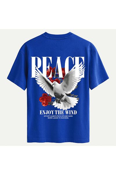 SOFTWAY Unisex Crew Neck 100% Organic Cotton Thick Textured Peace Printed Oversize T-Shirt - Saks Blue