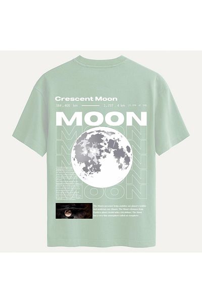 SOFTWAY Unisex Crew Neck 100% Organic Cotton Thick Textured Moon Printed Oversize T-Shirt - Beige