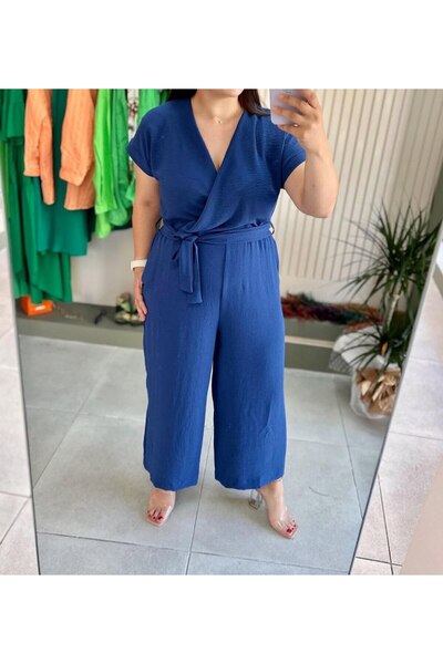 MODA Large Size Ayrobin Fabric V-Neck Belted Jumpsuit