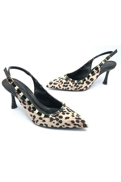 KCMN Feles Staple Strip Detailed Open Back Stiletto Women's Heeled Shoes Leopard