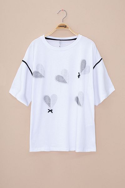 Cansın Mini Ecru Sleeve Stripe Detailed Sequined Girl's Oversize T-Shirt 20812