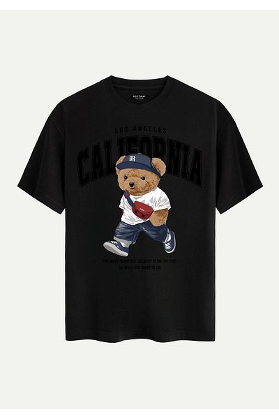 SOFTWAY Unisex Crew Neck 100% Organic Cotton Thick Textured California Printed Oversize T-Shirt - Black