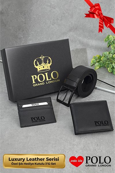 POLOGRAND London Original Men's 3-Piece Special Gift Boxed Luxury Series Groom Gift Belt Wallet and Card Holder Set