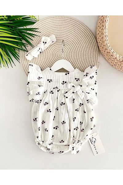 Jammybaby Cherry Patterned Bow Detailed 100% Cotton Muslin Baby Girl Romper and Bandana Set-White