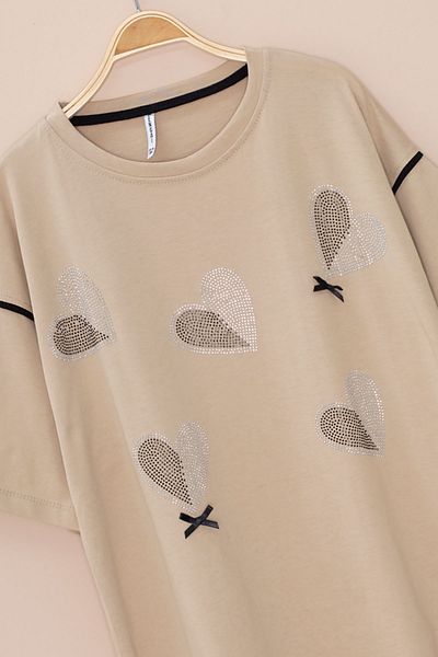 Cansın Mini Beige Sleeve Stripe Detailed Sequined Girl's Oversize T-Shirt 20810