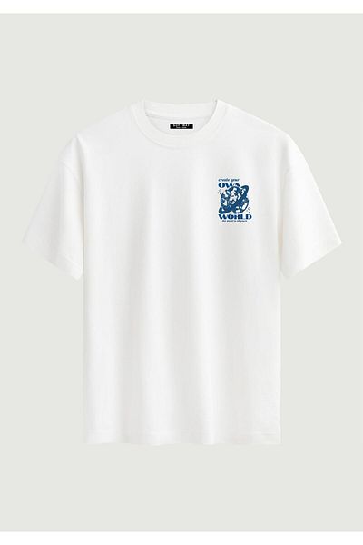 SOFTWAY Unisex Crew Neck 100% Organic Cotton Thick Textured Own World Printed Oversize T-Shirt - White