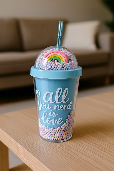 MİS KİTCHEN Glitter Sequin Glass Double Walled Glass with Straw Lid Water Bottle 450 ml Mica Glass